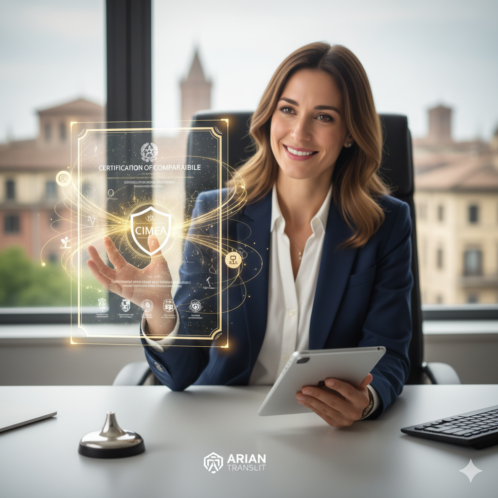 تصویری از یک افسر زن CIMEA با ظاهری حرفهای و لبخندی دوستانه که پشت میزی در یک دفتر کار با نمای شهری ایتالیایی نشسته است. او در حال نمایش یک گواهی شفاف و درخشان "CERTIFICATION OF COMPARABILITY" است که لوگوی CIMEA و نمادهای دولتی ایتالیا را روی خود دارد. این گواهی به صورت هولوگرافیک و با خطوط طلایی نمایش داده شده و او با یک دست آن را نگه داشته و با دست دیگر یک تبلت را در دست دارد. لوگوی "ARIAN TRANSLIT" نیز در پایین تصویر دیده میشود، که نشاندهنده ارتباط با خدمات ترجمه و مشاوره است.