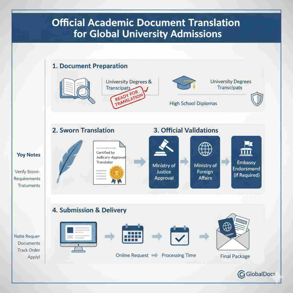 یک اینفوگرافیک با عنوان "ترجمه رسمی مدارک تحصیلی برای پذیرش در دانشگاههای بینالمللی" که چهار مرحله اصلی این فرآیند را نشان میدهد. مرحله اول "آمادهسازی مدارک" است که شامل بررسی و آمادهسازی مدارک دانشگاهی و دبیرستانی است. مرحله دوم "ترجمه رسمی" توسط مترجم مورد تأیید قوه قضائیه را نشان میدهد. مرحله سوم به "تأییدیههای رسمی" از جمله تأیید وزارت دادگستری، وزارت امور خارجه و در صورت نیاز، تأیید سفارت میپردازد. و در نهایت، مرحله چهارم "ارسال و تحویل" را از طریق درخواست آنلاین، زمانبندی و دریافت بسته نهایی مدارک به تصویر میکشد. در کنار نمودار اصلی، نکات مهمی در خصوص بررسی الزامات و ردیابی درخواستها نیز ذکر شده است.