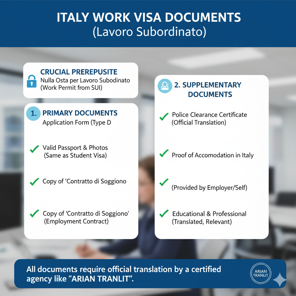 یک اینفوگرافیک چک&zwnj;لیست به زبان انگلیسی با عنوان "ITALY WORK VISA DOCUMENTS (Lavoro Subordinato)". این چک&zwnj;لیست مدارک را به سه بخش کلیدی تقسیم می&zwnj;کند: یک پیش&zwnj;نیاز حیاتی (CRUCIAL PREREQUISITE) شامل "Nulla Osta per Lavoro Subordinato" (مجوز کار از SUI) که با نماد قفل مشخص شده است. دو بخش دیگر شامل ۱. مدارک اصلی (PRIMARY DOCUMENTS) که شامل فرم درخواست ویزا (Type D)، پاسپورت معتبر و عکس، و کپی قرارداد کاری (Contratto di Soggiorno) می&zwnj;شود؛ و ۲. مدارک تکمیلی (SUPPLEMENTARY DOCUMENTS) که شامل گواهی عدم سوء پیشینه (با ترجمه رسمی)، اثبات محل اقامت در ایتالیا و مدارک تحصیلی و حرفه&zwnj;ای (ترجمه شده و مرتبط) است. تمامی موارد با تیک سبز مشخص شده&zwnj;اند. در پایین اینفوگرافیک تاکید شده که "تمام مدارک نیاز به ترجمه رسمی توسط آژانس معتبری مانند آریان ترنسلیت دارند." لوگوی "ARIAN TRANSLIT" نیز در پایین تصویر دیده می&zwnj;شود.