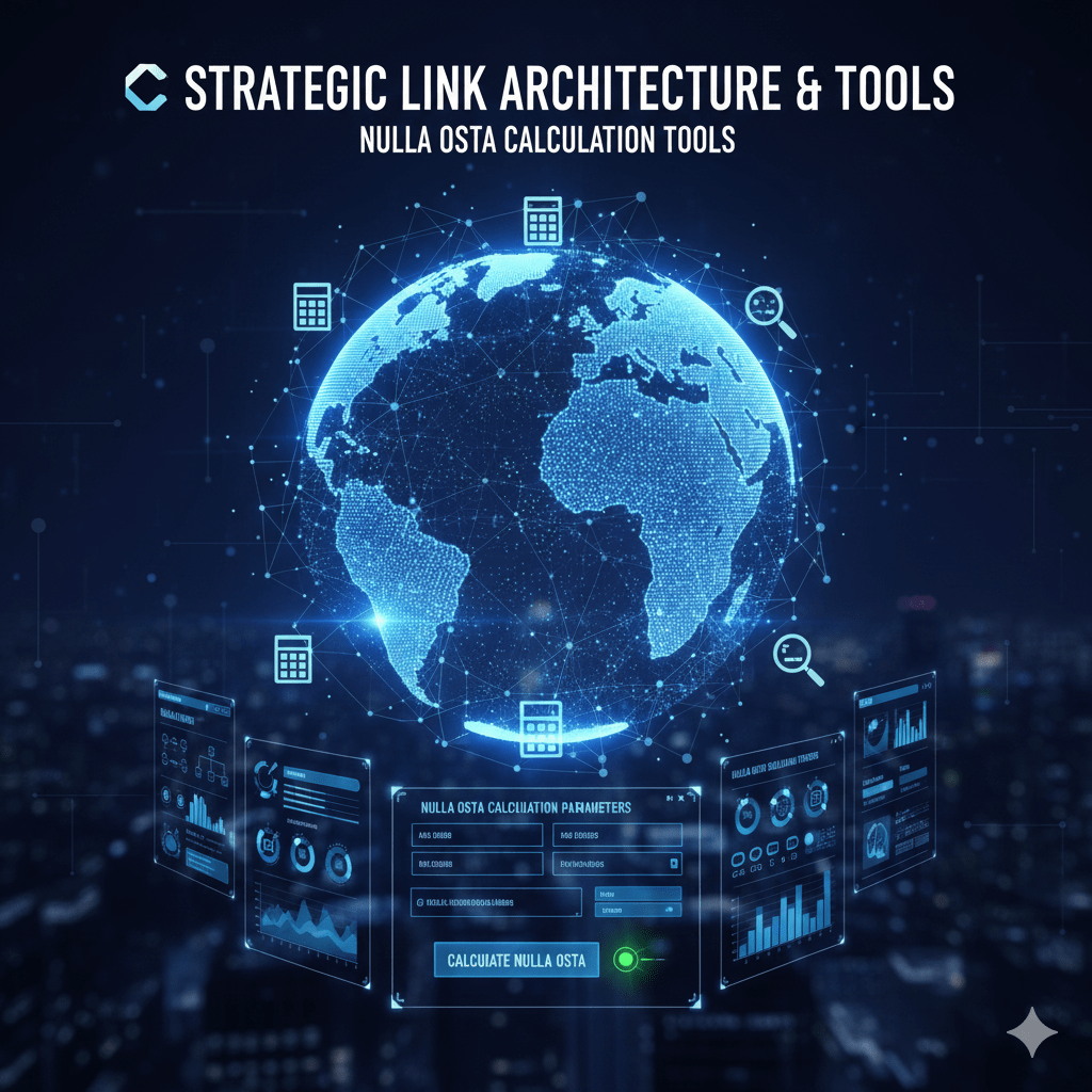 یک تصویر با فناوری پیشرفته و آیندهنگر که یک کره زمین آبی درخشان را در مرکز نشان میدهد، احاطه شده توسط خطوط و گرههای متصل به هم، نمادی از ارتباط جهانی و دادهها. پنلهای هولوگرافیک مختلفی در اطراف کره زمین شناور هستند که دادههای پیچیده، نمودارها و دیاگرامهای مربوط به "پارامترهای محاسبه Nulla Osta" و سایر اطلاعات فنی را نمایش میدهند. چندین نماد ماشین حساب، یک ذرهبین و یک نماد سند نیز در طراحی ادغام شدهاند. زیباییشناسی کلی تاریک و دیجیتال است و بر فناوری پیشرفته و ابزارهای استراتژیک تأکید دارد. متون "معماری و ابزارهای پیوند استراتژیک" و "ابزارهای محاسبه Nulla Osta" به وضوح در بالا نمایش داده شدهاند.