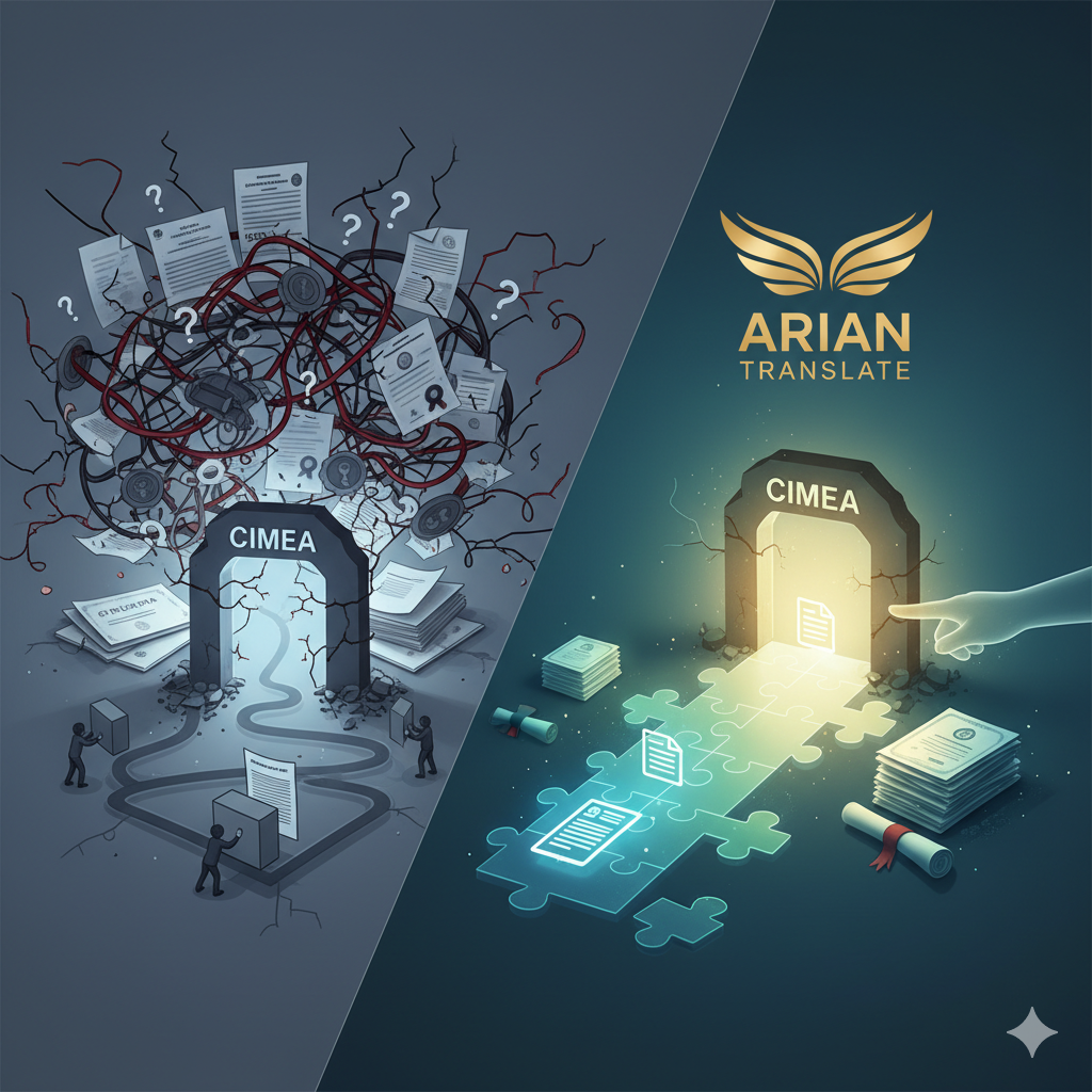 تصویری دو قسمتی که در سمت چپ، چالشهای فرآیند CIMEA را با مدارک درهمریخته و مسیرهای مسدود نشان میدهد. در سمت راست، راهحلهای آریان ترنسلیت با مسیری پازلمانند، دروازهای روشن به سمت CIMEA و کمک دستیافتنی، نمایش داده شده است. لوگوی آریان ترنسلیت نیز در سمت راست بالا دیده میشود.