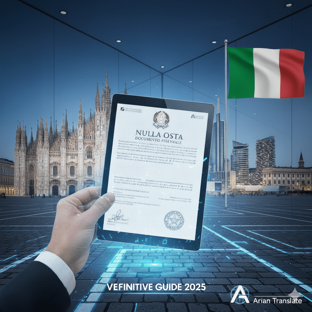 یک تصویر سبکسازی شده که کلیسای جامع میلان و آسمانخراشهای مدرن میلان را در پسزمینه نشان میدهد. در پیشزمینه، دستی یک تبلت دیجیتال را نگه داشته که سندی با عنوان "NULLA OSTA" را نمایش میدهد. پرچم ایتالیا به وضوح در اهتزاز است. سبک کلی مدرن و حرفهای است، با طرحی از مدار چاپی روی زمین. متن "DEFINITIVE GUIDE 2025" و لوگوی "Arian Translate" نیز قابل مشاهده هستند.